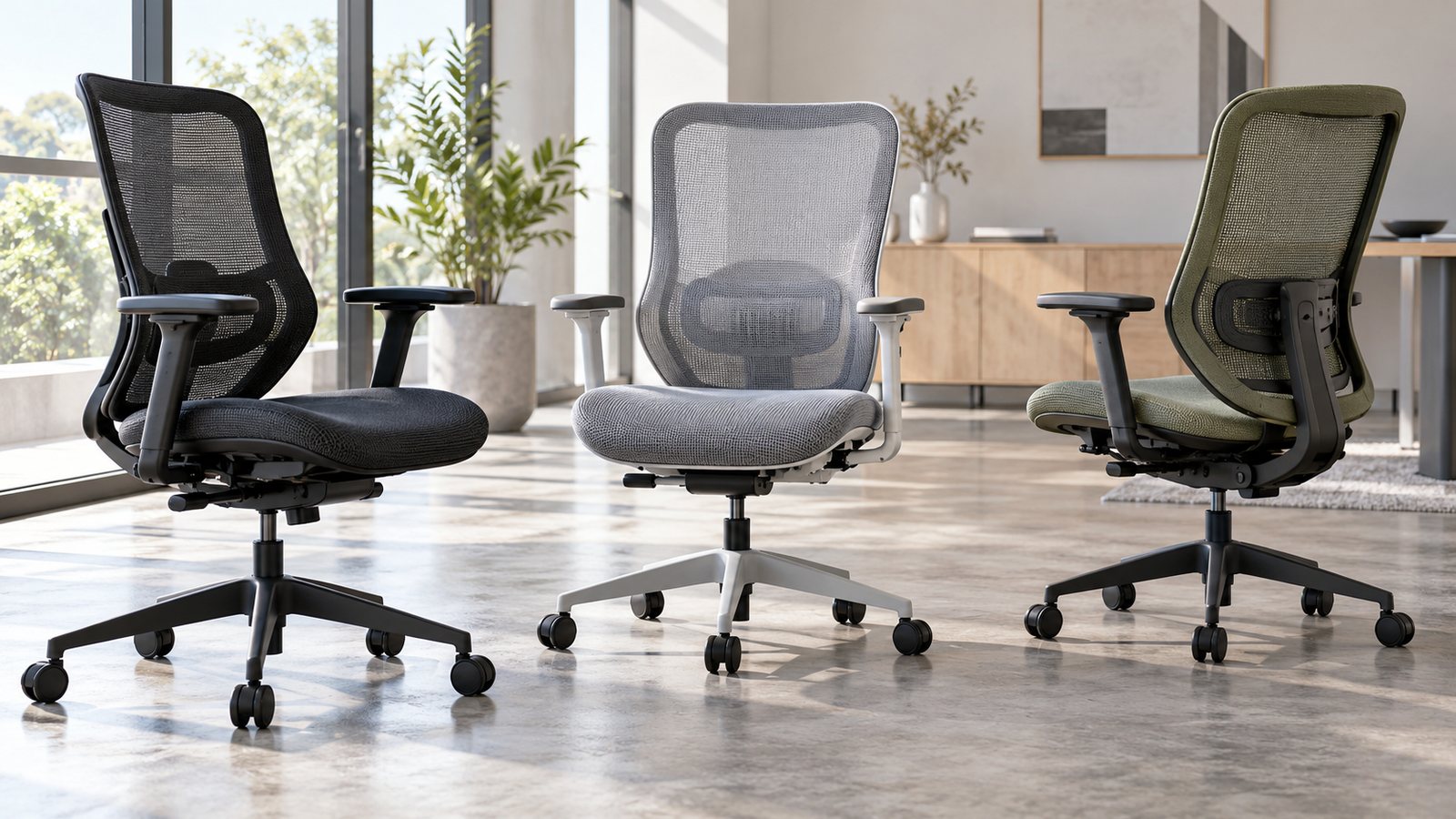 Three mesh office chairs in a bright showroom (illustrative)