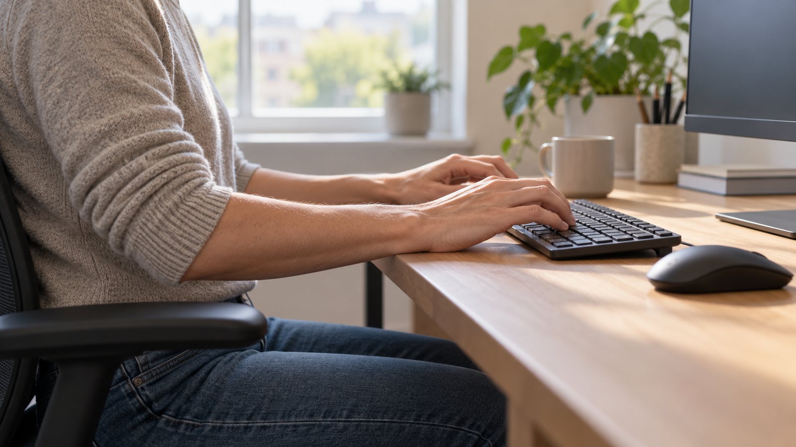 Forearms level over a keyboard at a well-set desk (illustrative)