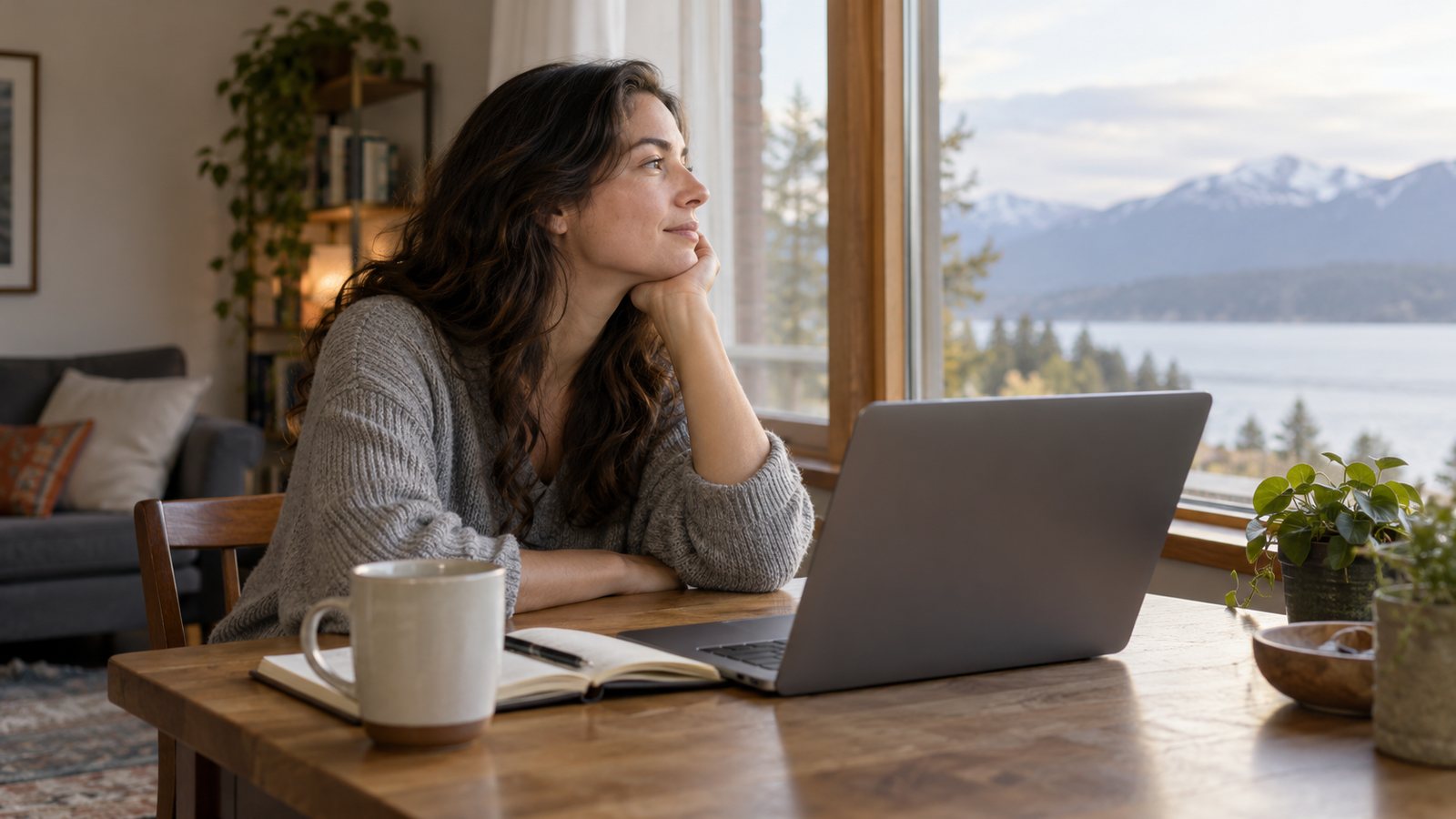 A person looking out a window away from a laptop (illustrative)