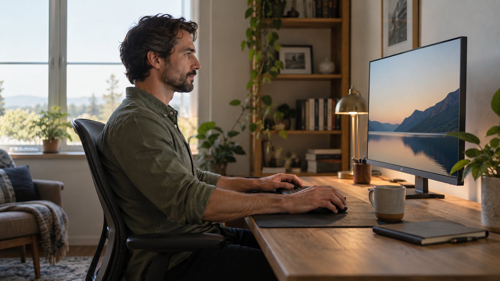 A person sitting upright at a desk with the monitor at eye level (illustrative)