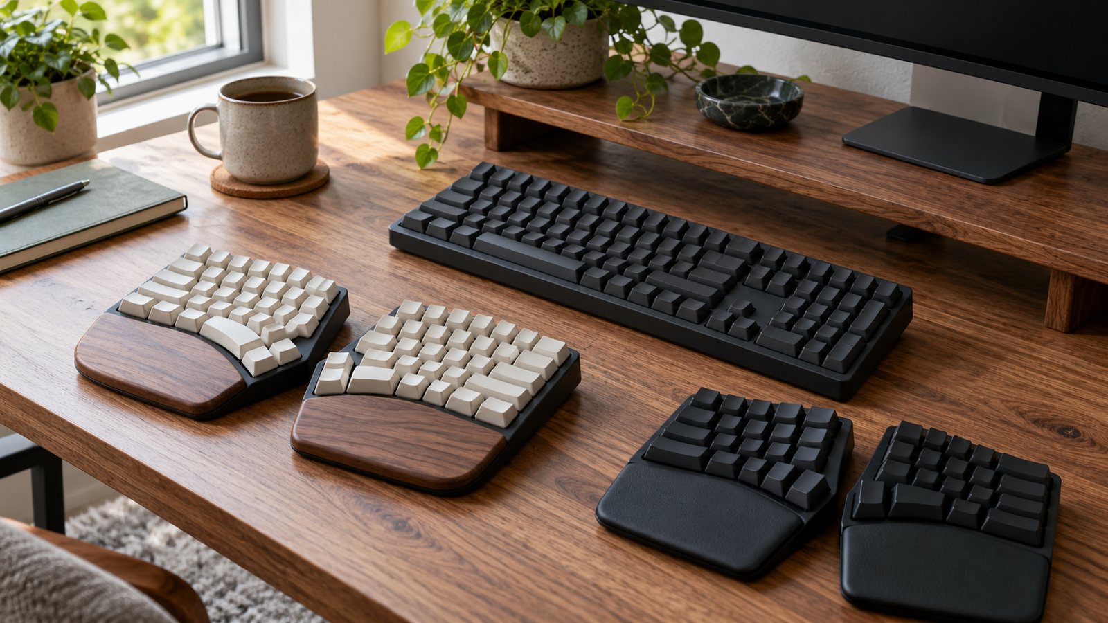 Split and standard keyboards side by side on a desk (illustrative)