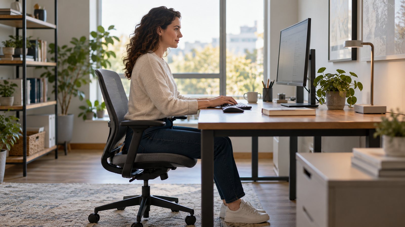 Side view of a person seated with a monitor at eye level (illustrative)